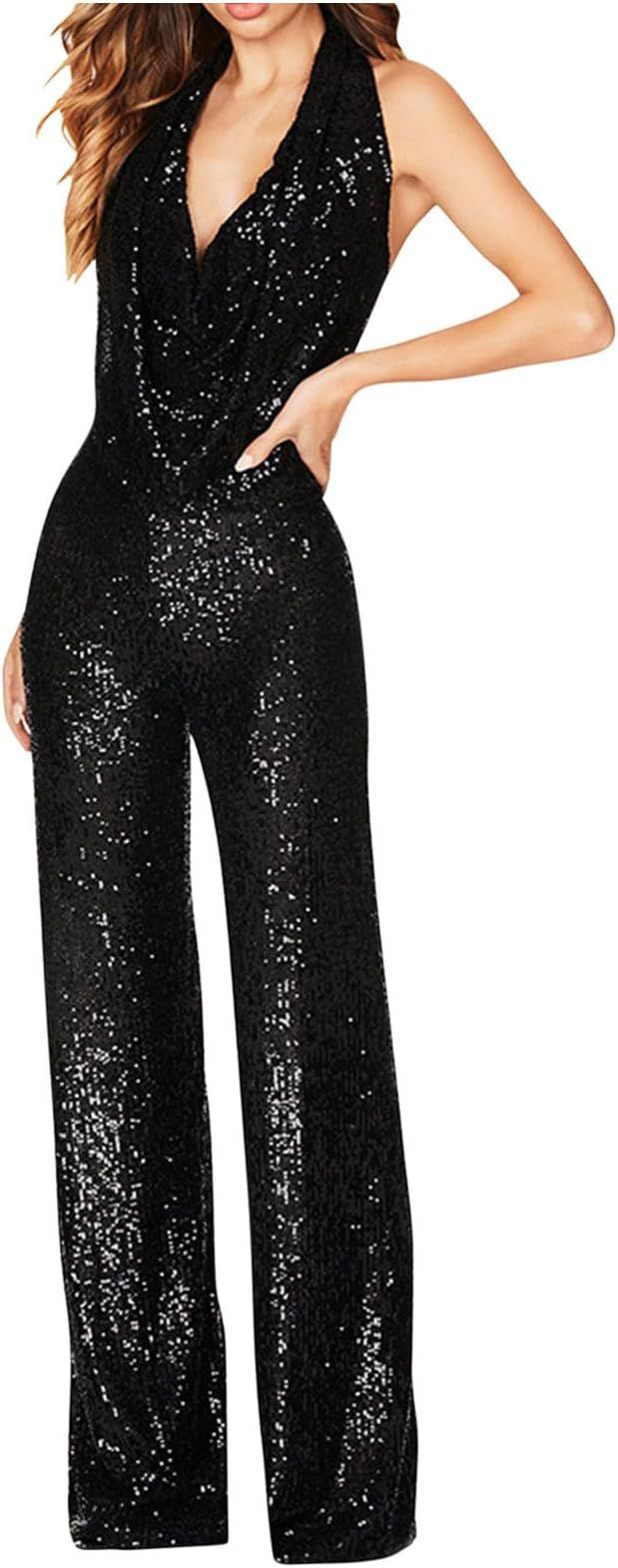 HGps8w Women's Sexy Halter Cowl Neck Sparkly Jumpsuits Clubwear Sleeveless Elegant Sequins Bodyco... | Amazon (US)