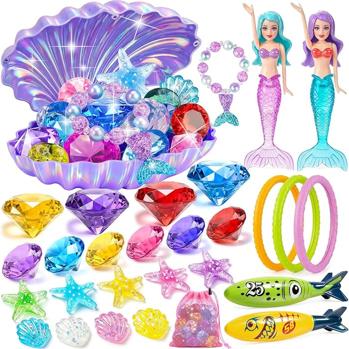 Jeowoqao Diving Pool Toys for Kids Diving Gem Treasure Chest, 29Pcs Seek Treasure Underwater Set ... | Amazon (US)