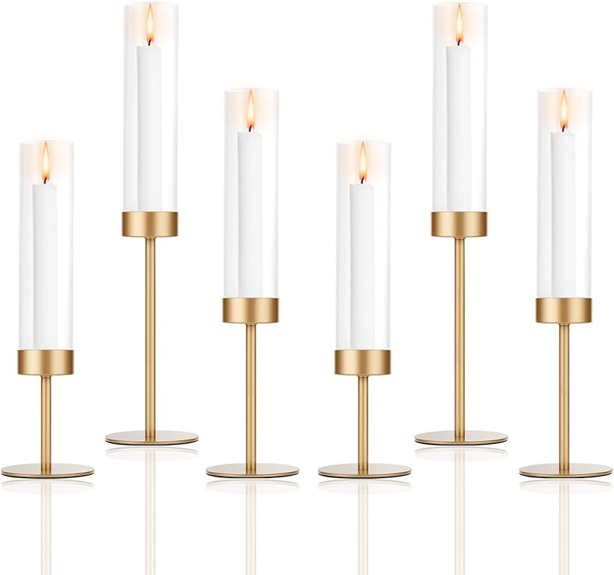 Set of 6 Gold Candle Holders, Tall Hurricane Candlestick Holders with Glass for Taper and Pillar ... | Amazon (US)