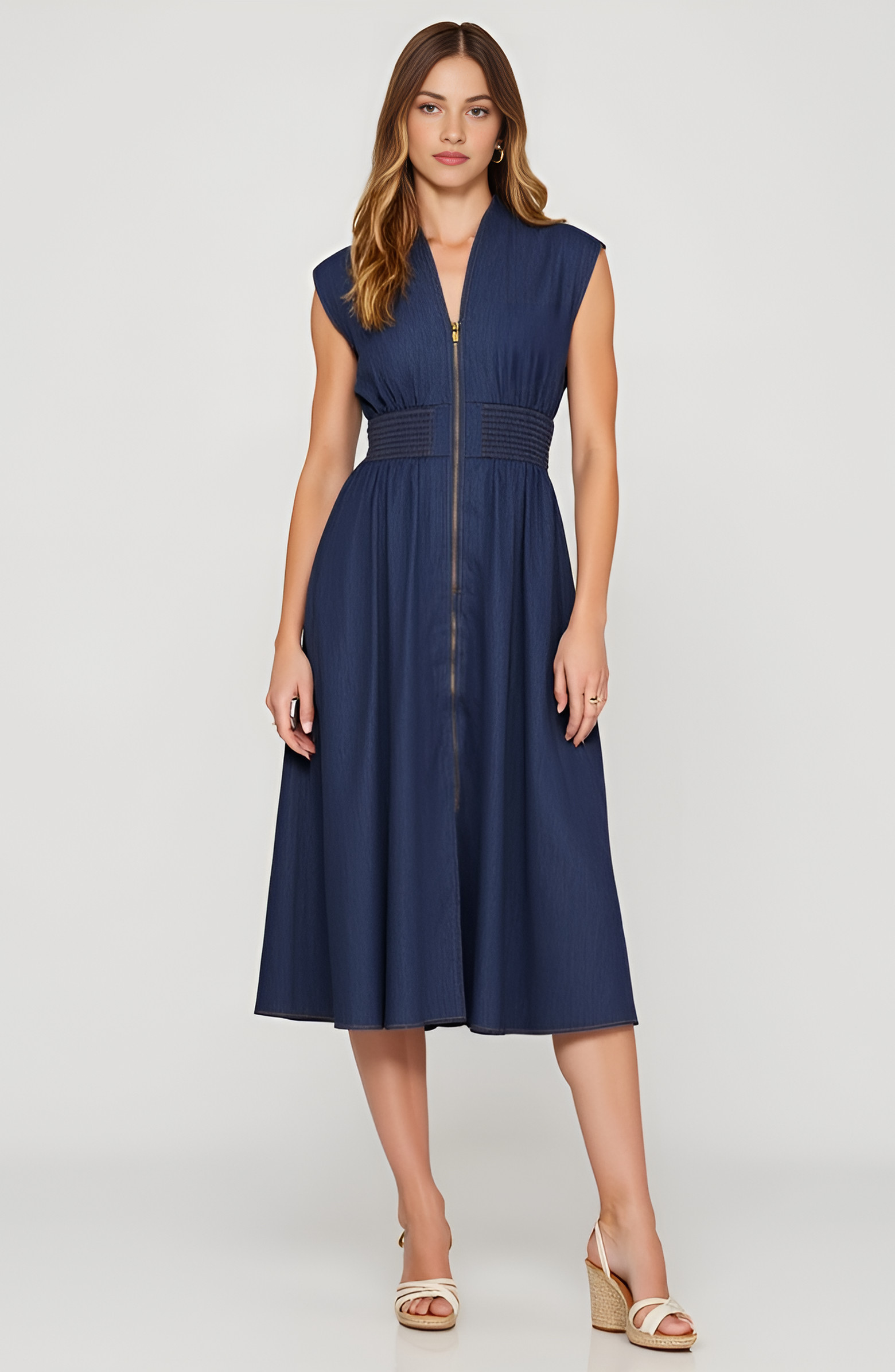 Modenaire Zip Front Sleeveless Denim Midi Dress | Nordstrom | Nordstrom
