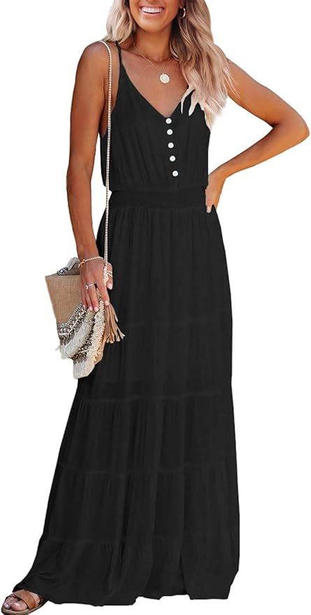 PRETTYGARDEN Women's Causal Summer Dress Spaghetti Strap Sleeveless High Waist Beach Long Maxi Dr... | Amazon (US)