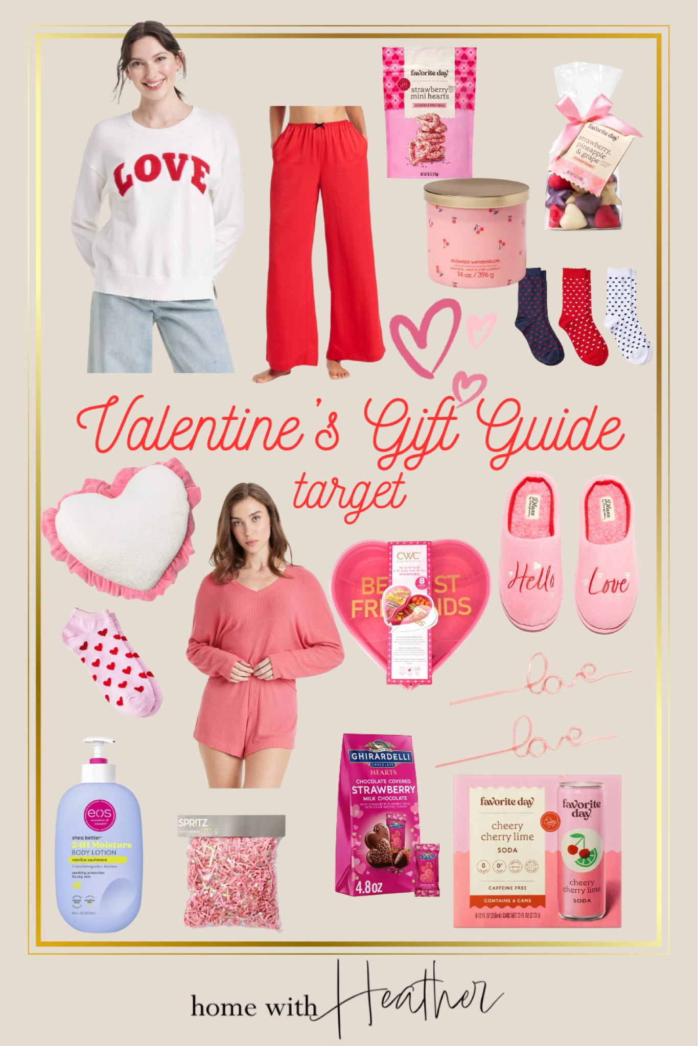 Valentine’s Day gift guide for girls
From Target
Target Valentine’s Day gifts 
3 wick jar candle
Oversized heart pillow
Cherry limeade soda
Women’s cozy ribbed pullover 
Sleepwear 
Women’s Valentine’s Day LOVE sweater
Heart socks
Red & white sour candy
Valentine’s Day candy 
Valentine’s Day LOVE script straws 
Valentine’s Day slippers
Valentine’s Day pajamas 
Red pajamas
Mini heart scallop socks
Valentine snackle box
Valentine’s Day chocolate 
eos shea moisture body lotion


#LTKSeasonal #LTKGiftGuide #LTKStyleTip