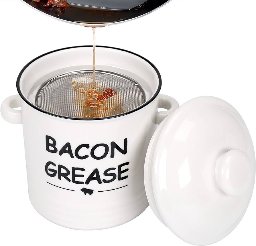 Ceramic Bacon Grease Container with Strainer - 600ml / 20oz Farmhouse Bacon Grease Keeper with Ea... | Amazon (US)