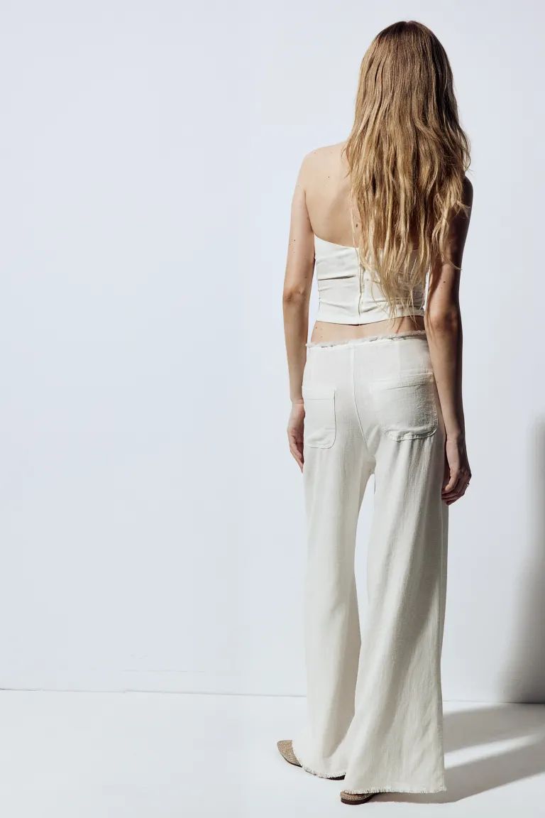 Frayed-edge Linen-blend Pants - Regular waist - Long - White - Ladies | H&M US | H&M (US + CA)