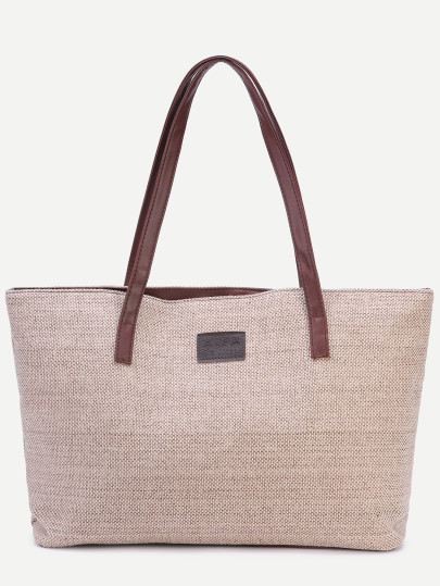 Light Khaki Zip Closure Linen Tote Bag | SHEIN