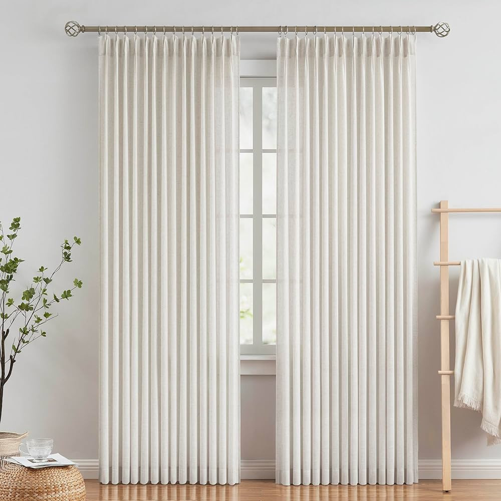 Vision Home Natural Pinch Pleated Semi Sheer Curtains Textured Linen Blended Light Filtering Wind... | Amazon (US)