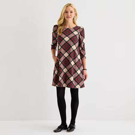 Jessica Howard Womens 3/4 Sleeve Plaid Shift Dress, Petite Large, Red | JCPenney