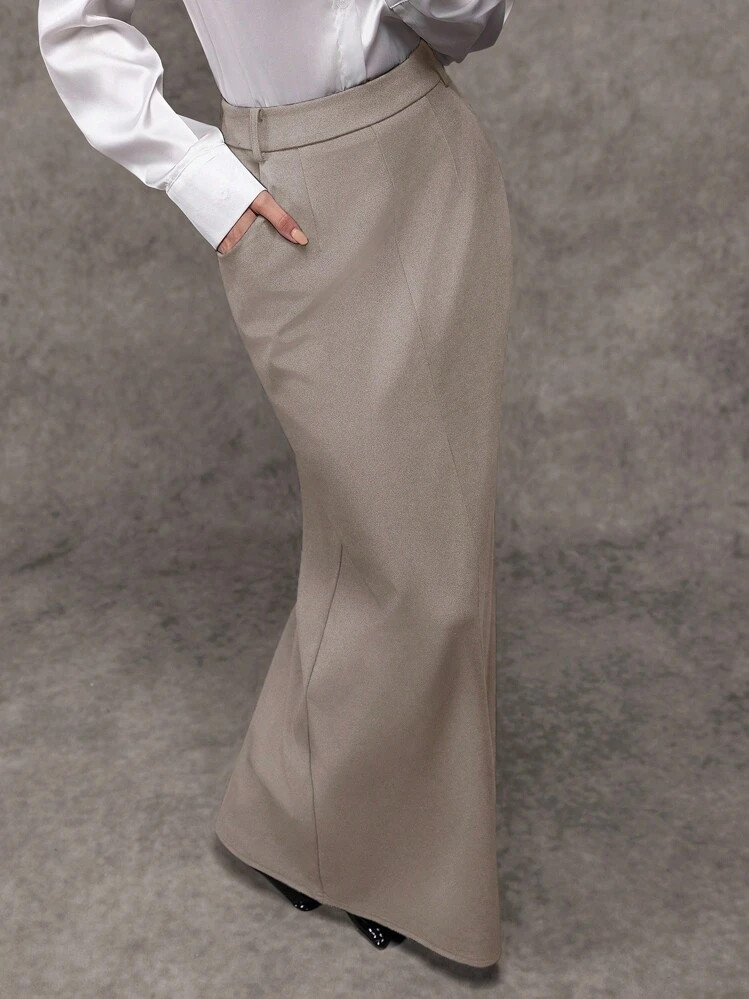Avenya Women's Solid Color Pocket Maxi A-Line Skirt Summer Cloth For Women Workwear Khaki Elegant | SHEIN