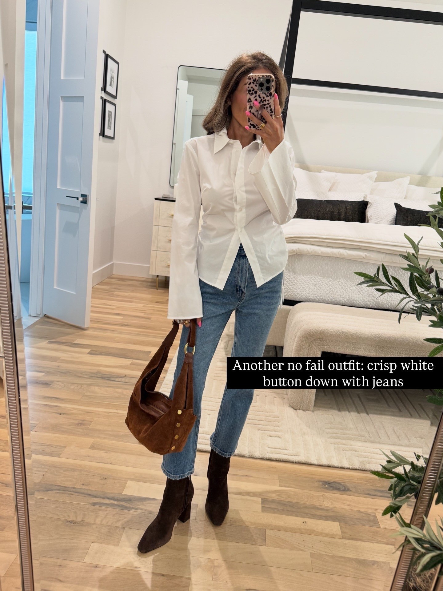 Crisp white button down with straight jeans and chocolate brown  booties 
Petite friendly spring outfits, spring transitional outfits  

#LTKPetite #LTKOver40 #LTKootd
