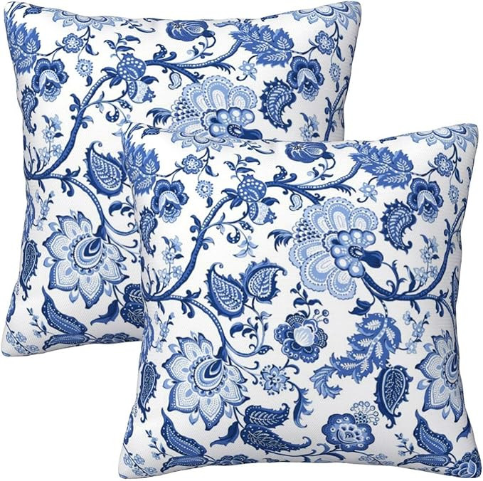 Blue And White Porcelain Floral Vintage Chinoiserie Throw Pillow Covers 18x18 In Sets Of 2 Modern... | Amazon (US)