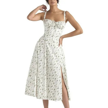Women Floral Corset Dress Boho Summer Spaghetti Straps Square Neck Casual Midi Dress Flowy Slit Bustier Dresses | Walmart (US)