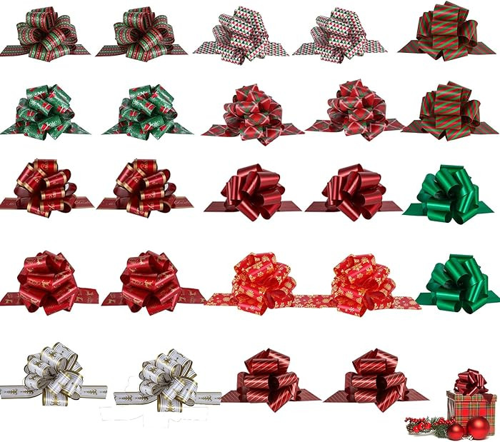24PCS Christmas Bows for Gift Wrapping, 5” Xmas Pull Bows with Ribbon Wrap Accessory for Presen... | Amazon (US)