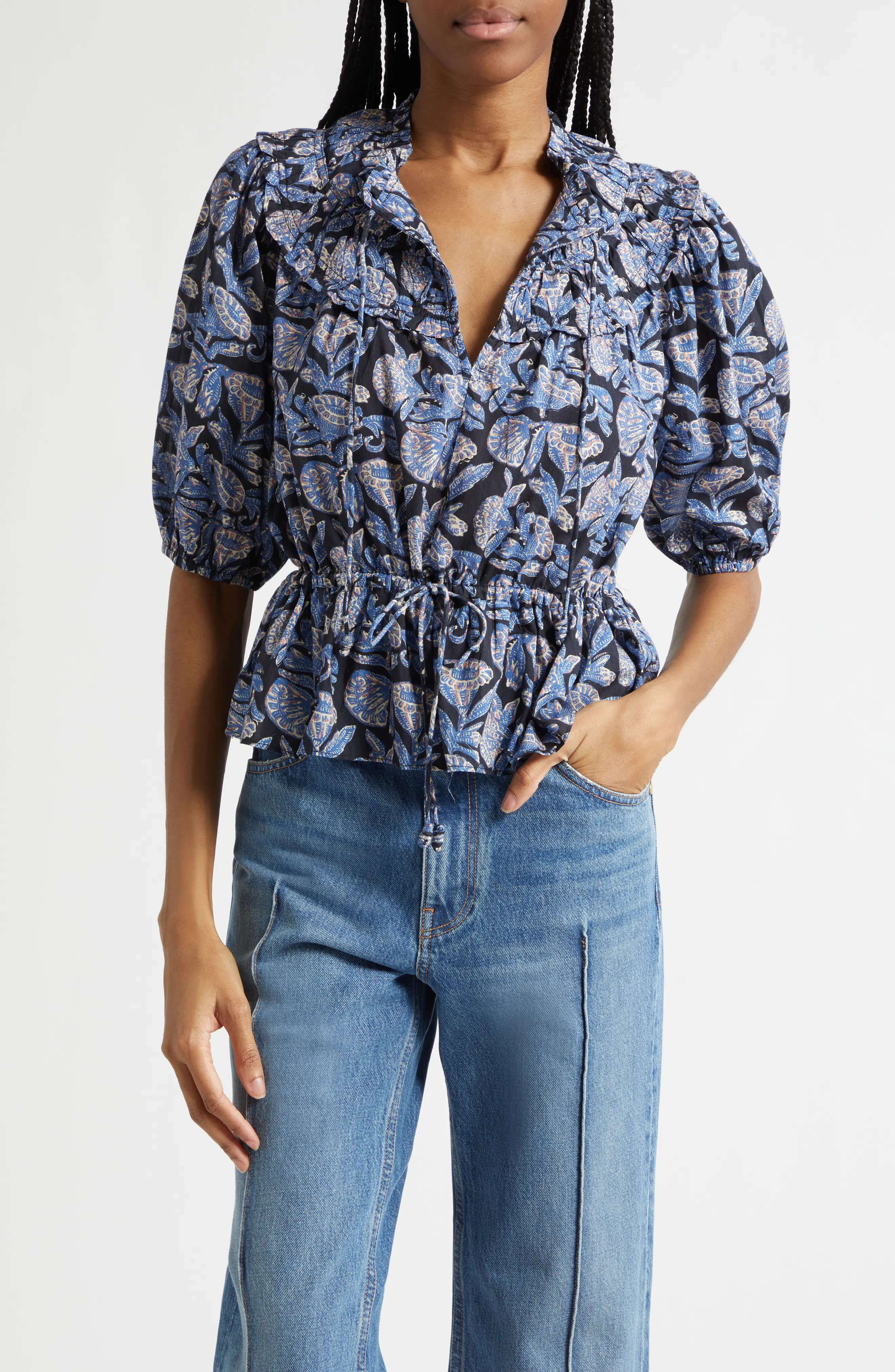 Elvie Floral Frill Collar Puff Sleeve Top | Nordstrom Rack