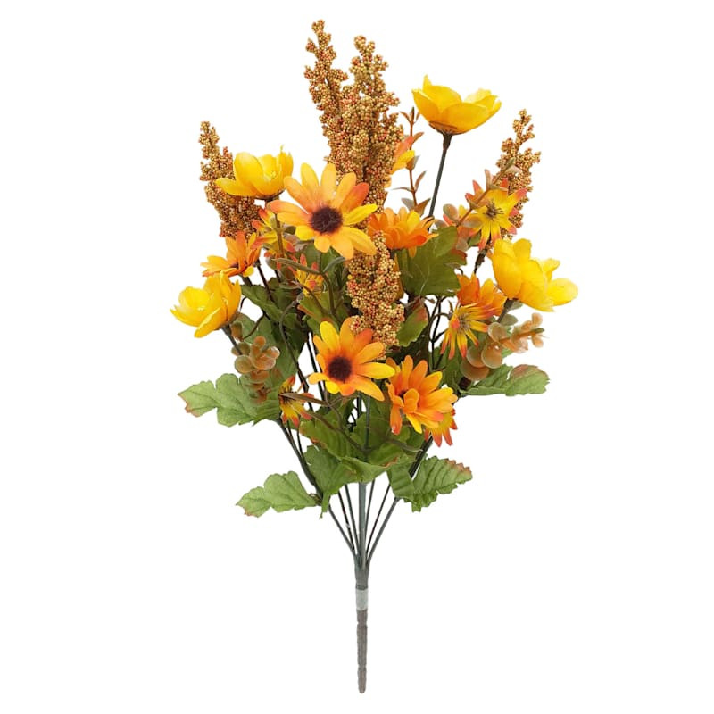 10-Head Yellow Daisy & Heather Floral Bush, 18" | At Home