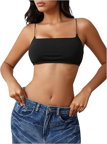 MakeMeChic Women's Square Neck Sports Bra Spaghetti Strap Wireless Square Back Workout Bra Crop T... | Amazon (US)