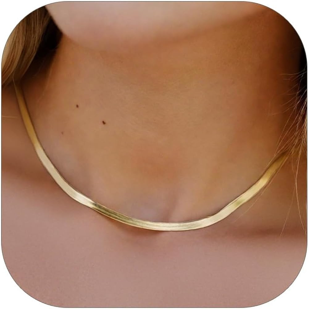 FOCALOOK 14K Gold Plated Necklaces for Women, Fashion Herringbone Choker Necklace Stainless Steel... | Amazon (US)
