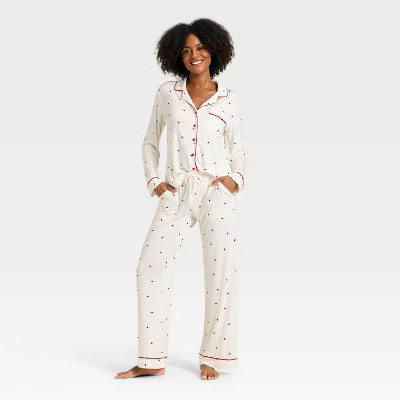 Women's Cloud Knit Modal Long Sleeve Notch Collar Top and Pants Pajama Set - Auden™ Cream Hearts XL | Target