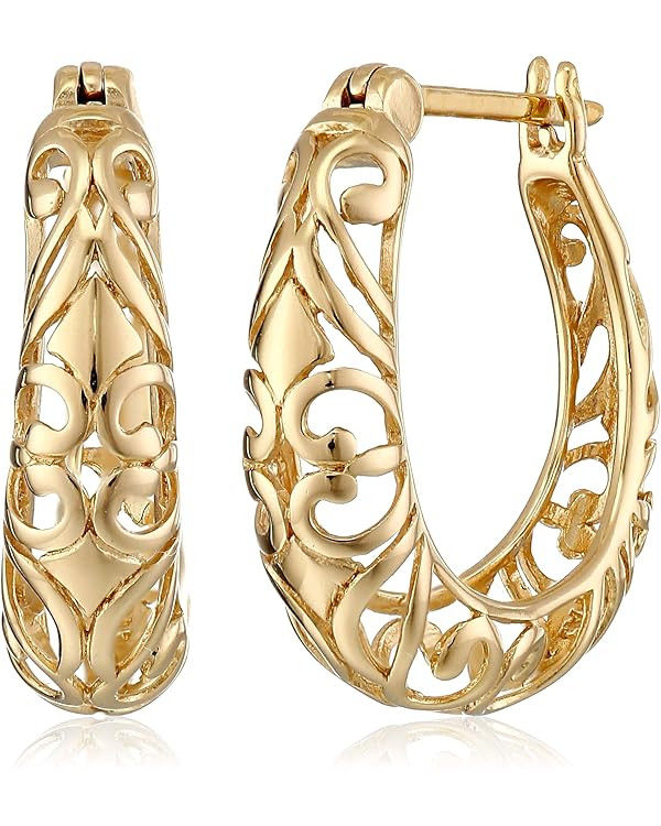 Amazon.com: Amazon Essentials Yellow 18K Gold Over Sterling Silver Filigree Round Hoop Earrings :... | Amazon (US)