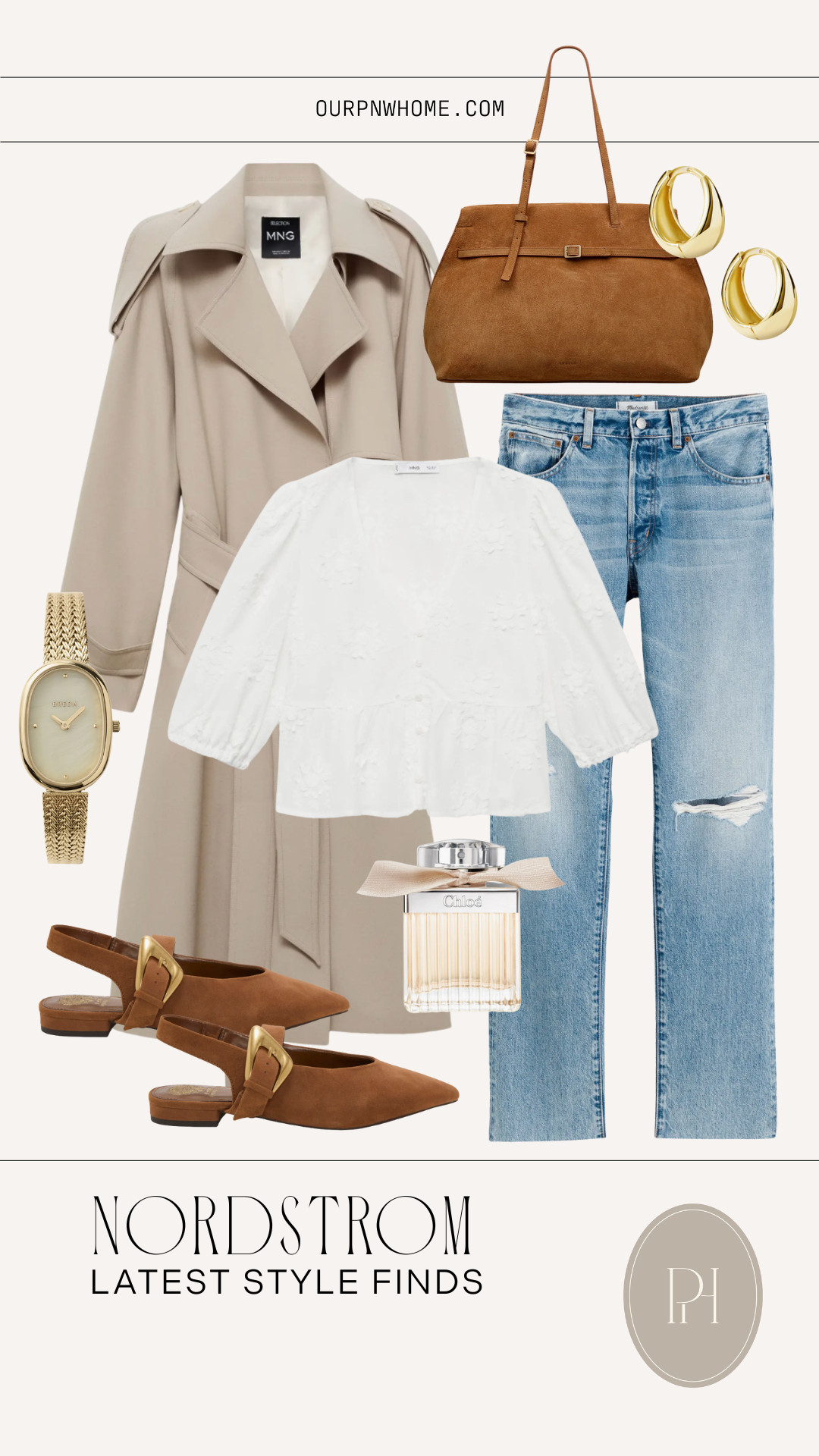 Latest fall style finds from Nordstrom!

straight leg jeans, light wash jeans, distressed denim, brown mules, brown flats, suede handbag, brown handbag, purse, trench coat, white blouse, peplum top, workwear, office look, gold earrings, small hoop earrings, perfume, women's fragrance, gold watch, fall looks, fall fashion, fall outfit, fall style, dressy casual look 

 #LTKStyleTip #LTKShoeCrush #LTKItBag