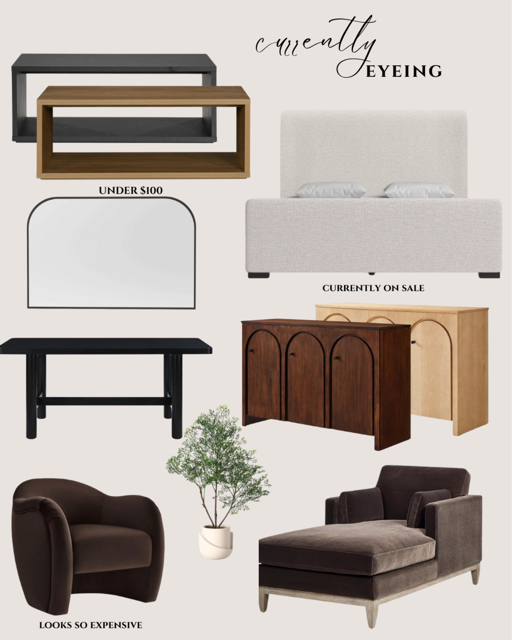 Currently eyeing. Affordable home. Modern home decor. Contemporary. Transitional. Console table. Upholstered bed. Sideboard. Cabinet. Faux plant. Velvet accent chair. Dining table. Wall mirror  

#LTKSeasonal #LTKHome #LTKStyleTip