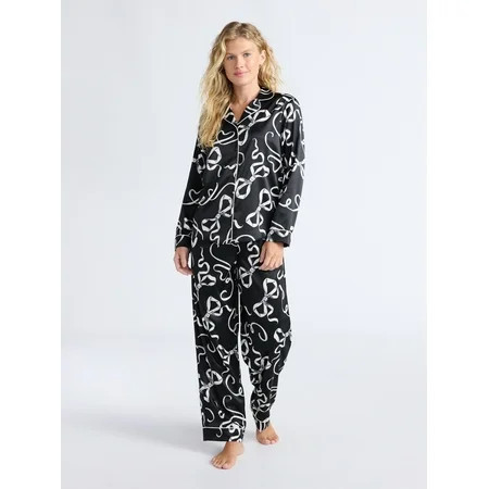 Joyspun Women’s Stretch Satin Notch Long Sleeve Top and Pants Pajama Set, 2-Piece, Sizes XS-3X | Walmart (US)