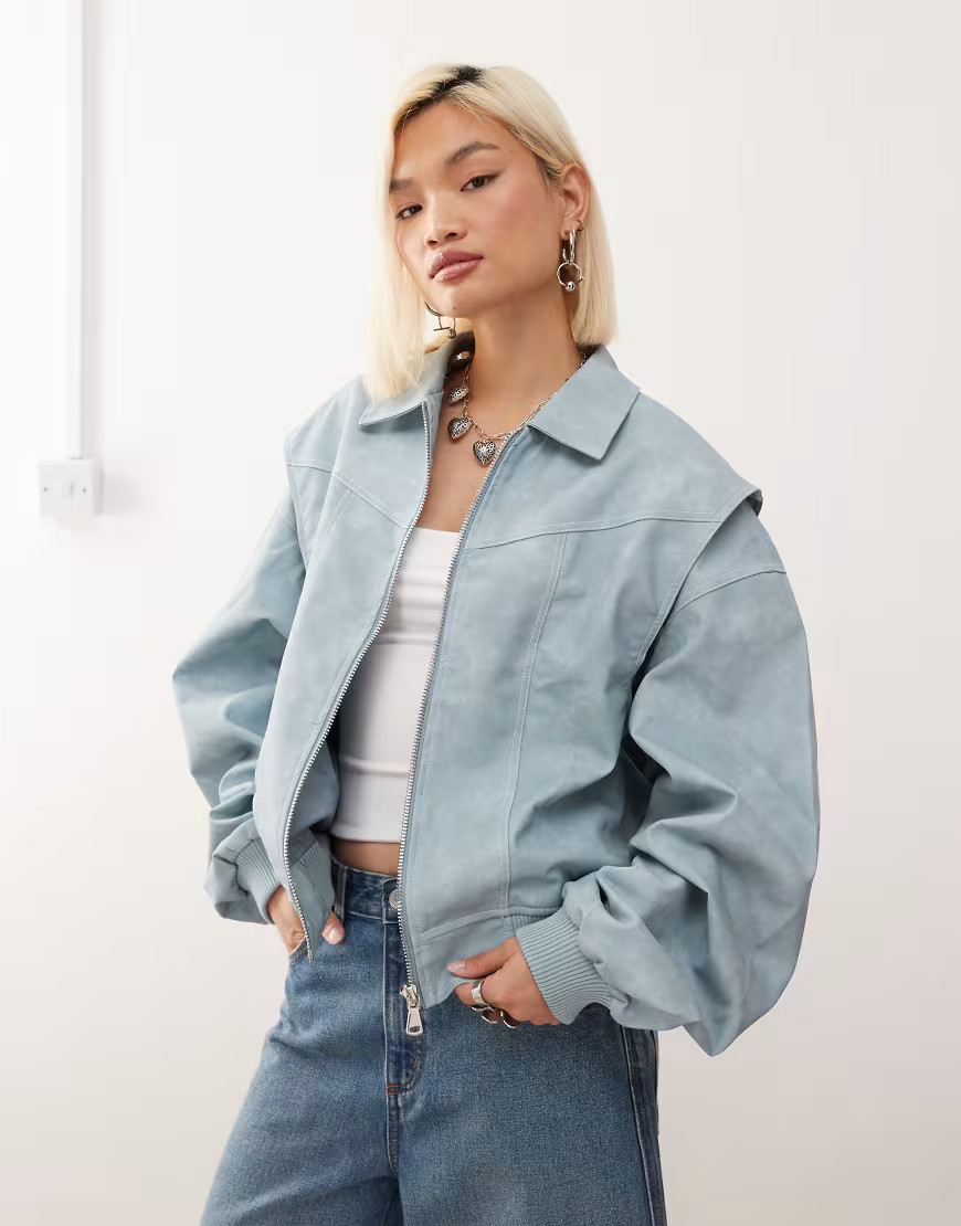 Lioness exclusive Vista leather look contrast stitch bomber jacket in baby blue | ASOS (Global)