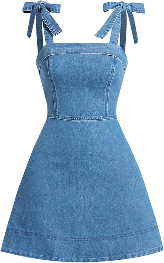 SHENHE Women's Tie Shoulder Sleeveless Denim Mini Dress Layered Ruffle Hem Jean Dress | Amazon (US)