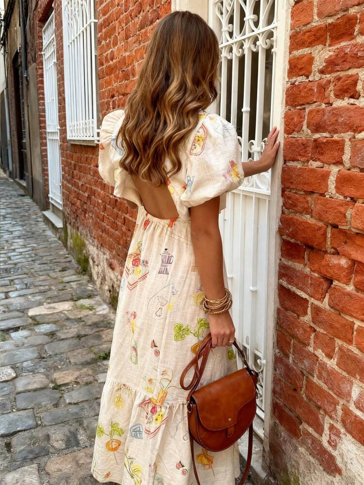 Women's Elegant Printed Backless Boho Bohemian Vacation Dress, Summer Outfits, Vacation Outfits For Women, Dresses For Women, Dresses, Summer Dresses For Women | SHEIN