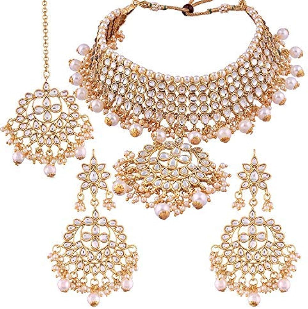 Aheli Indian Traditional Maang Tikka with Kundan Necklace Earrings Set Ethnic Wedding Party Desig... | Amazon (US)