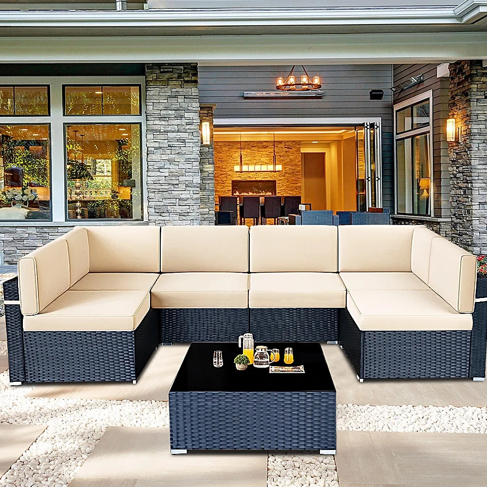 7 Piece Rattan Sectional Sofa Set, Outdoor Conversation Set, All-Weather Wicker Sectional Seating... | Walmart (US)