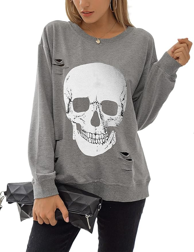 Blooming Jelly Women's Crewneck Sweatshirt Skull Graphic T Shirts Long Sleeve Top Pullover Oversi... | Amazon (US)