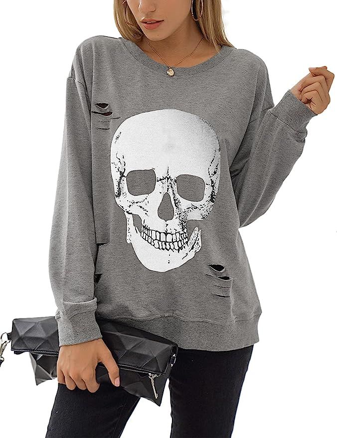 Blooming Jelly Women's Crewneck Sweatshirt Skull Graphic T Shirts Long Sleeve Top Pullover Oversi... | Amazon (US)