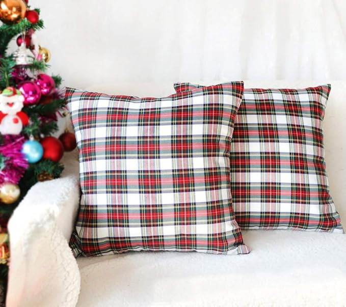 4TH Emotion Set of 2 Christmas Scottish Tartan Plaid Throw Pillow Covers Cushion Case Polyester f... | Amazon (US)
