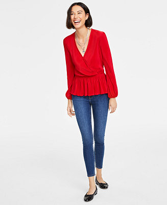 On 34th Women's Plissé Surplice-Neck Peplum Top, Created for Macy's - Macy's | Macy's