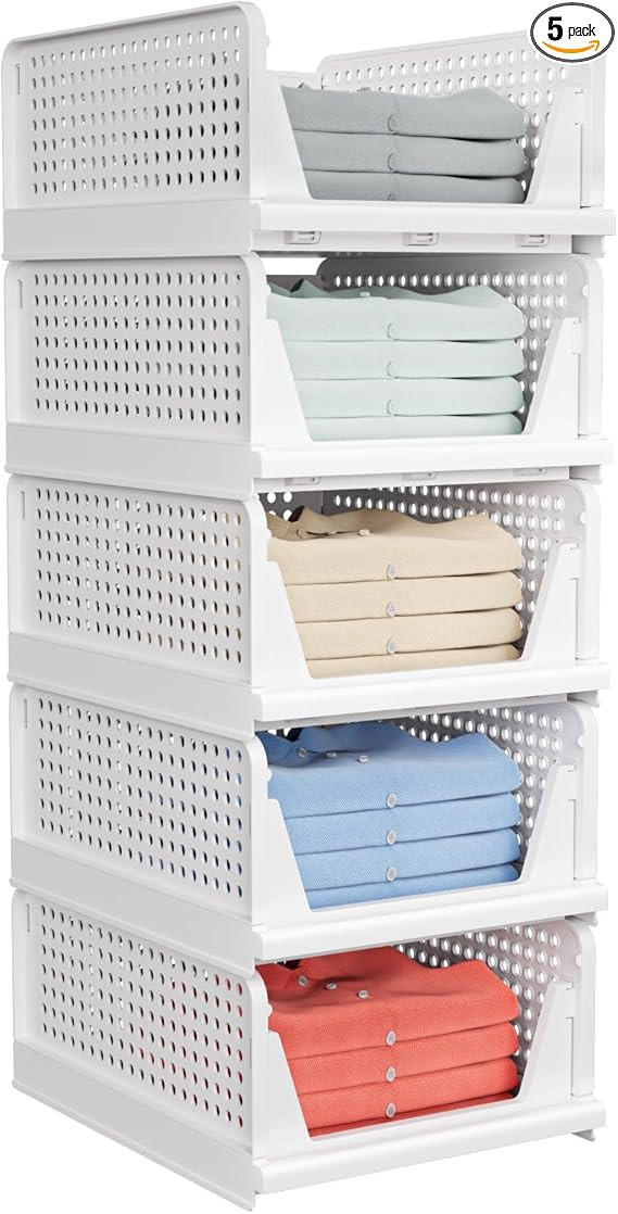 5 Pack Stackable Closet Storage Basket - Stackable Storage Bins, Multifunctional & Foldable Close... | Amazon (US)