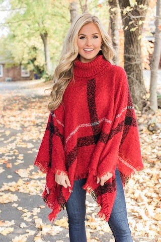 Stay Classy Plaid Poncho Red | The Pink Lily Boutique
