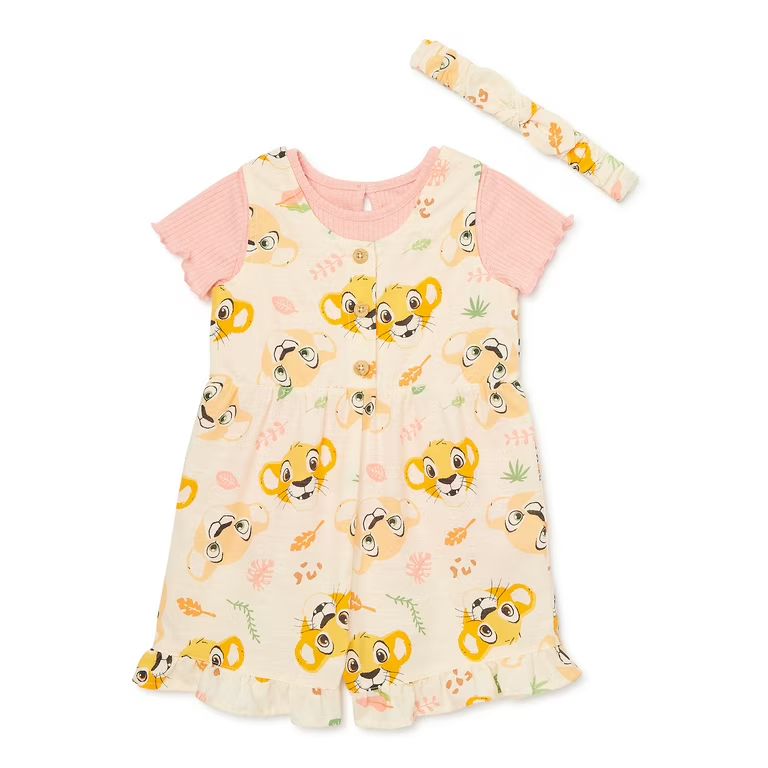 The Lion King Baby Girl Shortall and Tee Outfit Set with Headband, Sizes 0/3M-24M | Walmart (US)