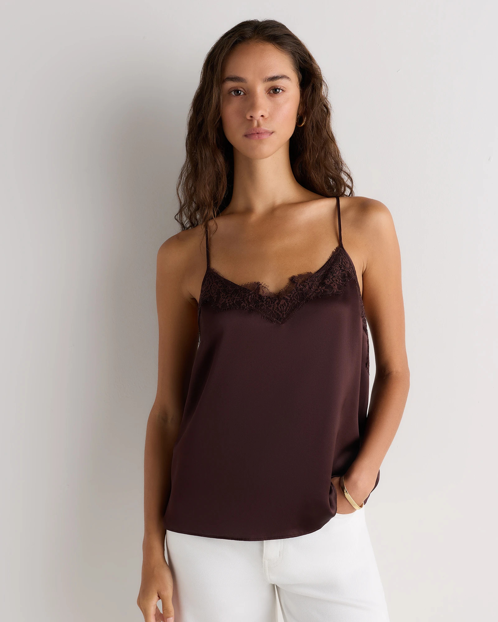 Quince | Women's Lace Cami in Black, Size Large, Silk | Quince