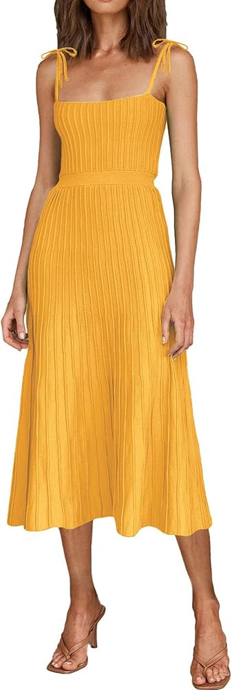 ARTFREE Womens Ribbed Knit Summer Maxi Dresses Tie Straps Square Neck Party Long Dress | Amazon (US)