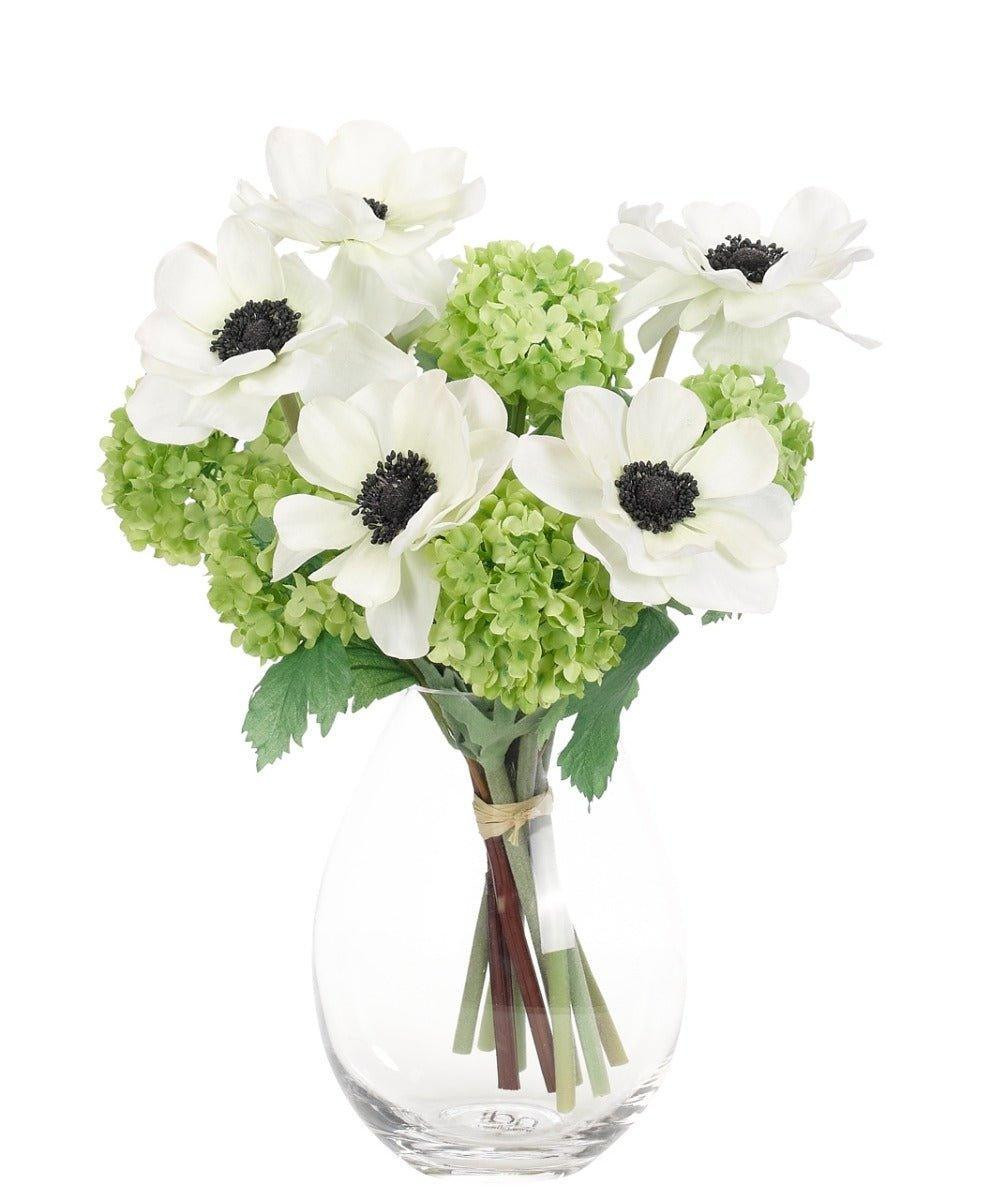 Faux Bouquet of White Anemone and Green Hydrangea in a Glass Teardrop Vase | The Well Appointed House, LLC