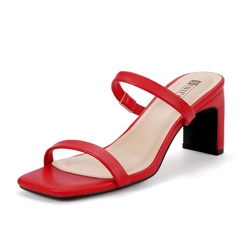 IDIFU Red Chunky Heels: Comfortable Slides, Open Toe, Two Strap, Slip On, Sexy Wedding, Prom, Party Dress Shoes, Cute Mule, Short Heels (Red, Pu 9.5) | Amazon (US)
