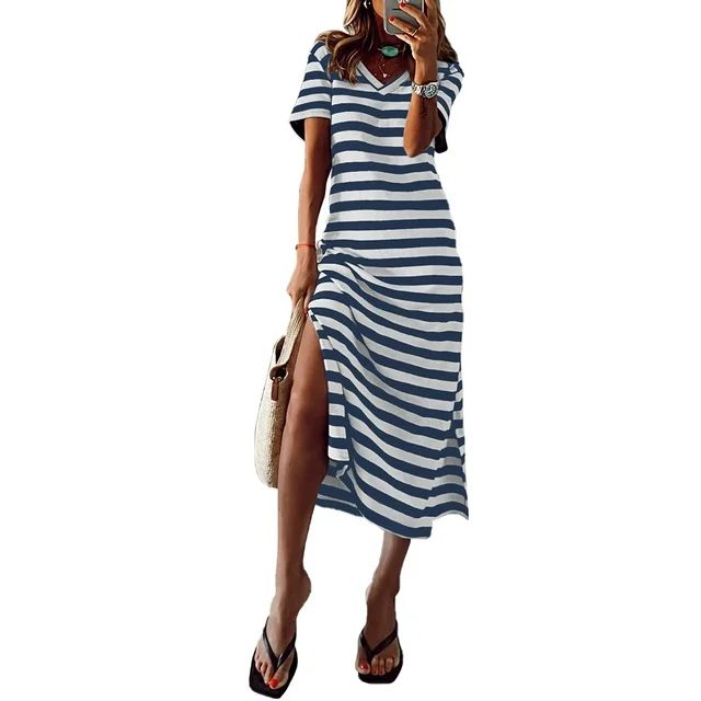 Dokotoo Womens Midi Dresses V-neck Striped Dress Short Sleeve Summer Dress Side Slits Casual Dres... | Walmart (US)