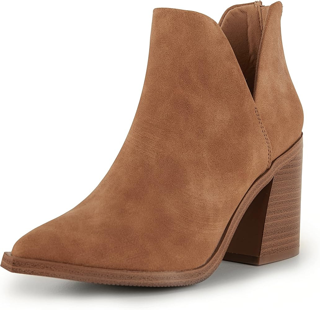 Kathemoi+Coutgo Womens Slip on Ankle Boots V Cutout Pointed Toe Chunky Stacked Mid Heel Booties | Amazon (US)