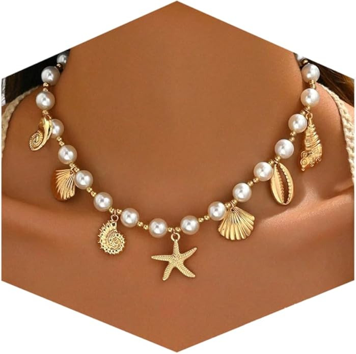 Shell Starfish Necklace for Women, 14k Gold Plated Boho Layered Beaded Charm Pendant Necklace, Da... | Amazon (US)