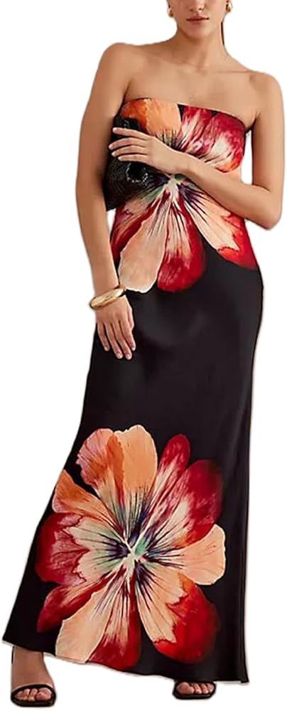ROAONOCOMO Women's Y2K Floral Long Tube Dress - Red, S/M/L - Off Shoulder, Strapless, Maxi - Casu... | Amazon (US)