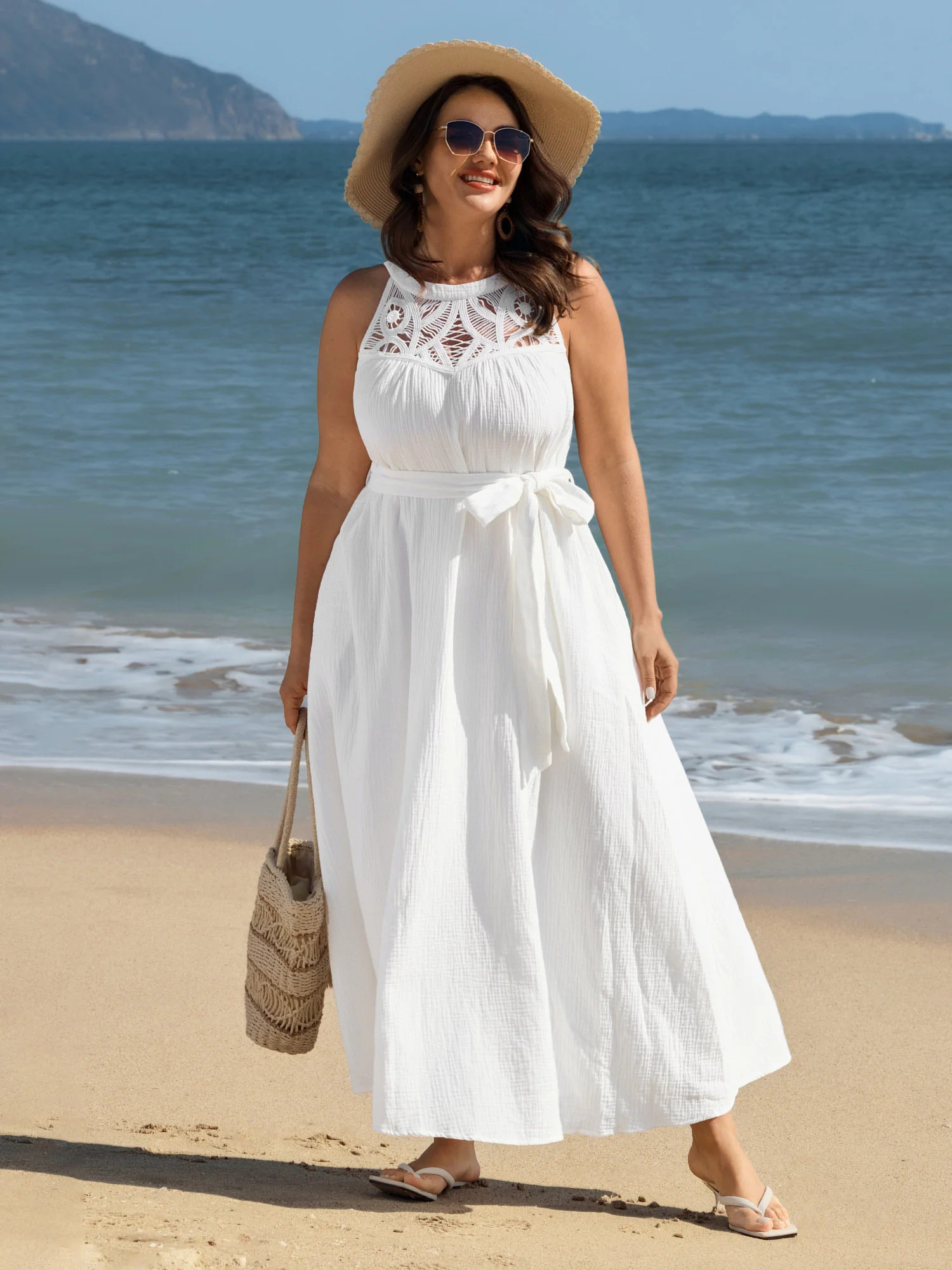 Cotton Sheer Lace Neckline Waist-Tie Midi Dress | Bloomchic