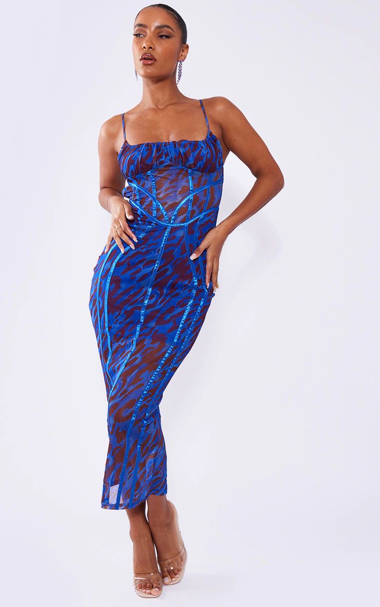 Blue Leopard Print Mesh Binding Detail Midaxi Dress | PrettyLittleThing US