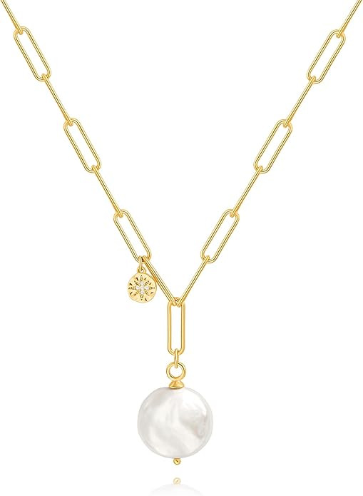 18k Gold Plated Chain Link Necklace for Women, Baroque Pearl/Compass Pendant Necklace | Amazon (US)