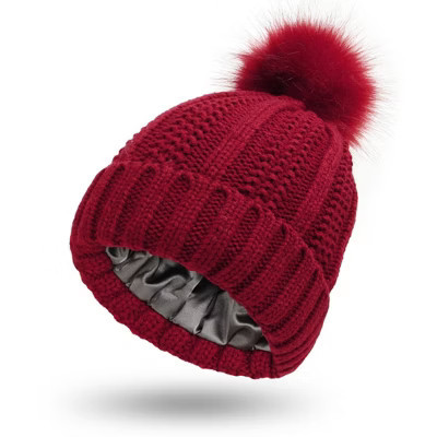 Anna-Kaci Women's Soft Knit Winter Beanie Hat with Satin-Lined Interior Ribbed Texture and Fluffy Pom Detail - Red | Target