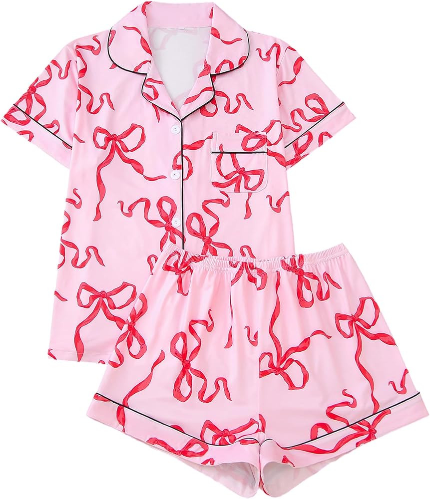 Women's 2 Piece Bow Pajamas Set Pink Pjs Cute Pj Set Summer Coquette Short Sleeve Button Down Lou... | Amazon (US)